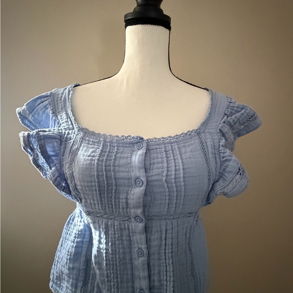 Aerie Light Blue Ruffled Blouse size small euc - Picture 2 of 6